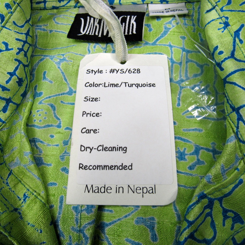 Yak Magik Womens Silk Shirt Medium Green Blue Vintage 90s Statement Eclectic Art - Picture 9 of 9